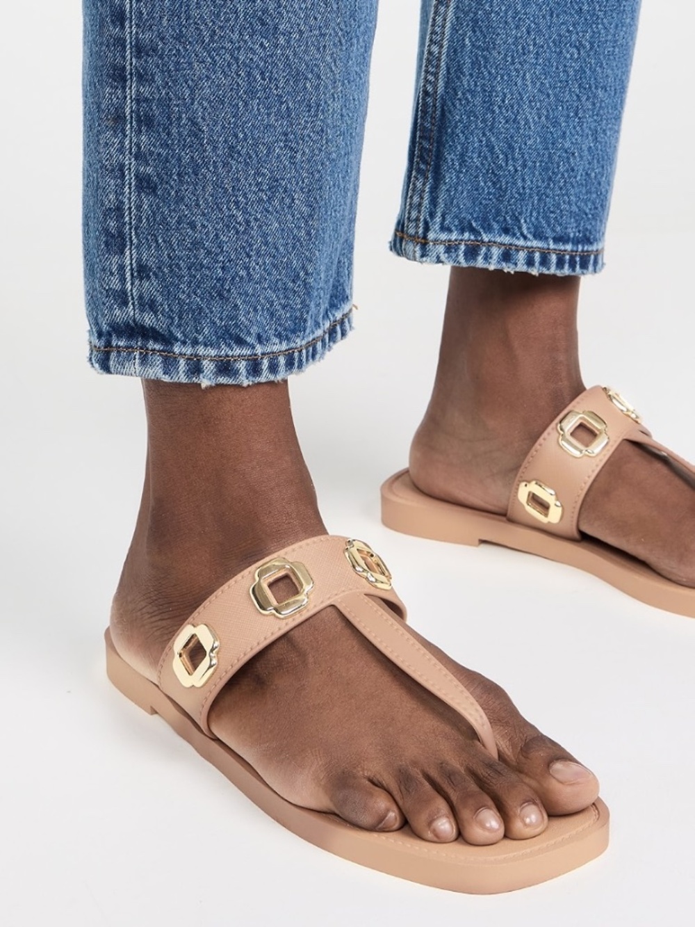 Larroude Tan Jelly Milan Thong Sandals with Gold Accents - 8